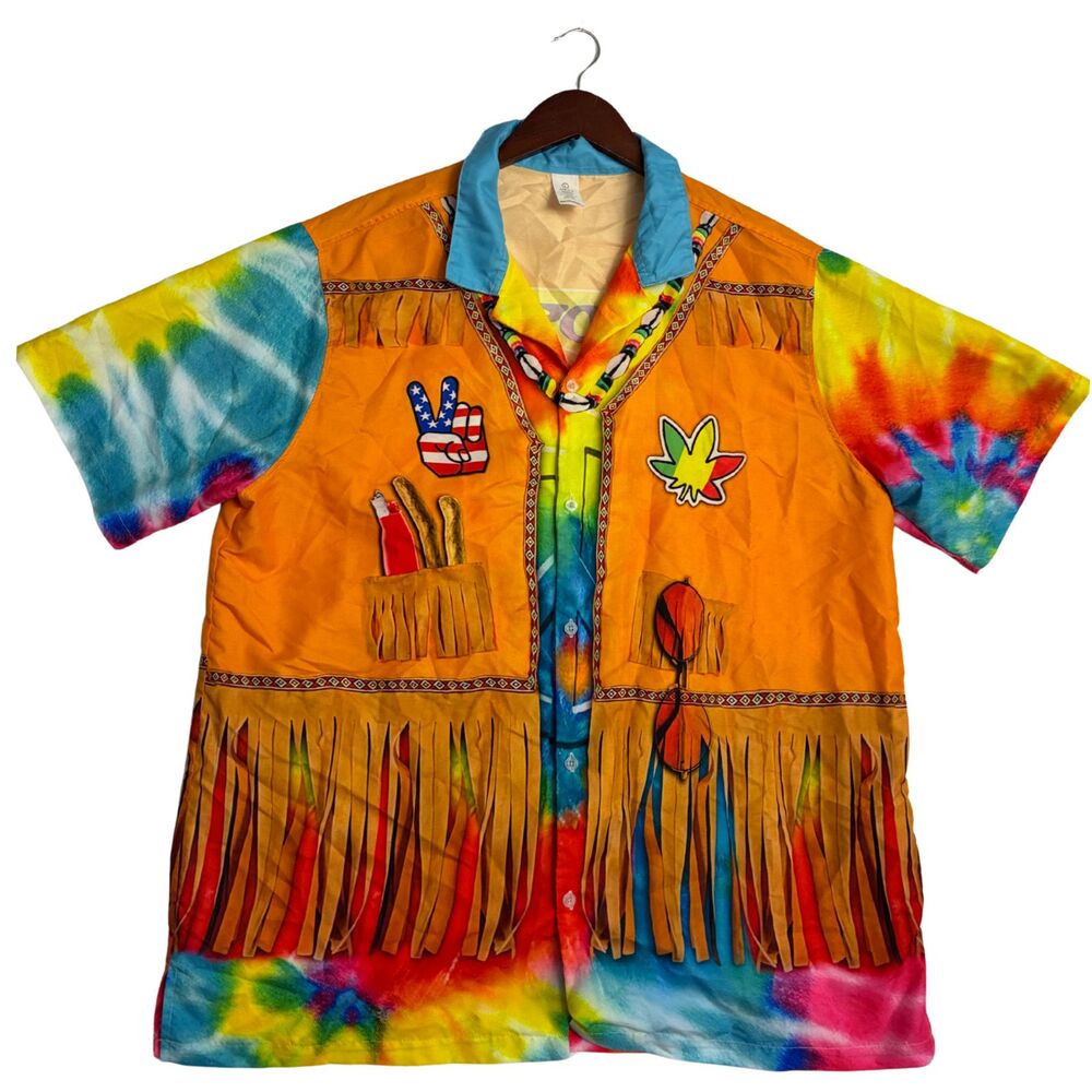 GarmentOne Woodstock Legalize Tie Dye Hippie Fringe Shirt Men’s Large Weed Leaf